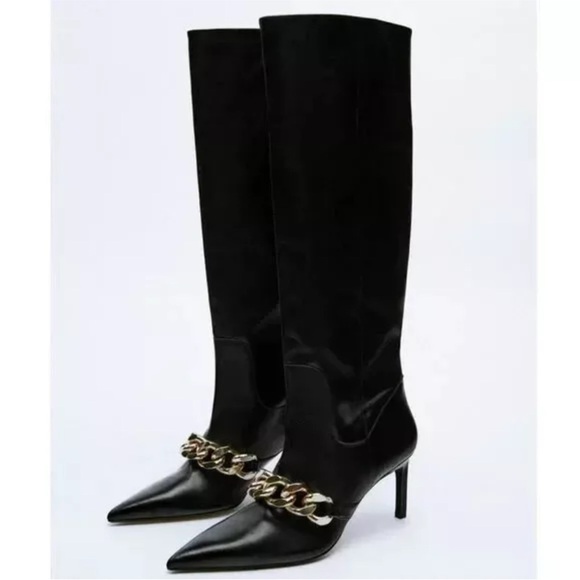 Zara Shoes - ZARA Elegant Black Knee-High Boots with Chain Detail